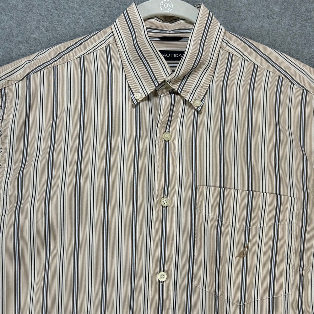 Nautica Button Down Shirt Sanded Poplin Mens M Tan Brown Striped Preppy Classic